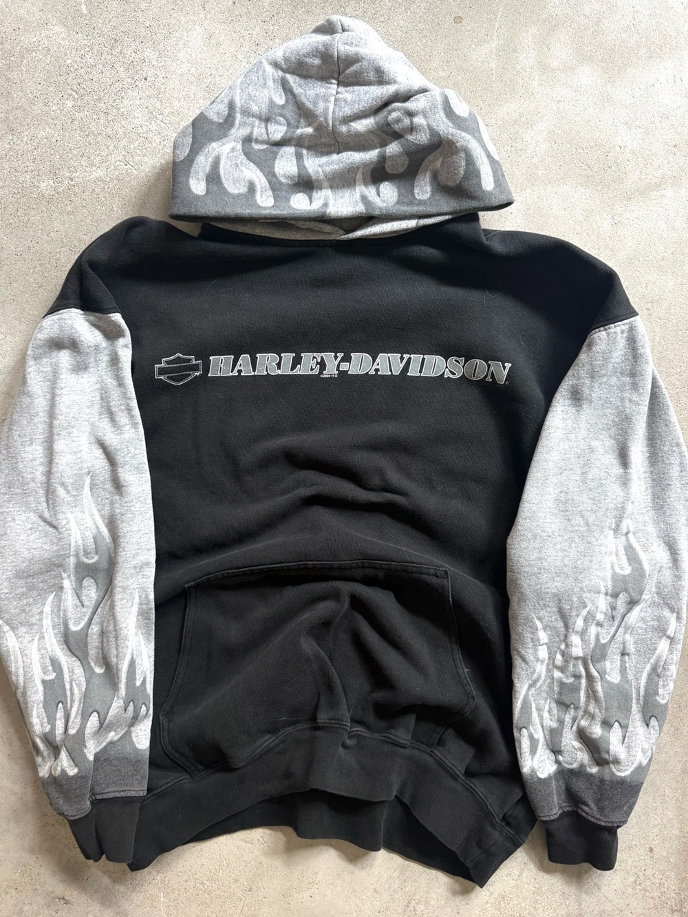Vintage Harley Davidson Flaming Rare Black/Grey Grunge Biker Hoodie XL 25x28